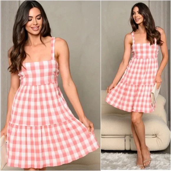 USA Made rose white gingham check plaid cute women’s summer mini dress - Picture 2 of 3